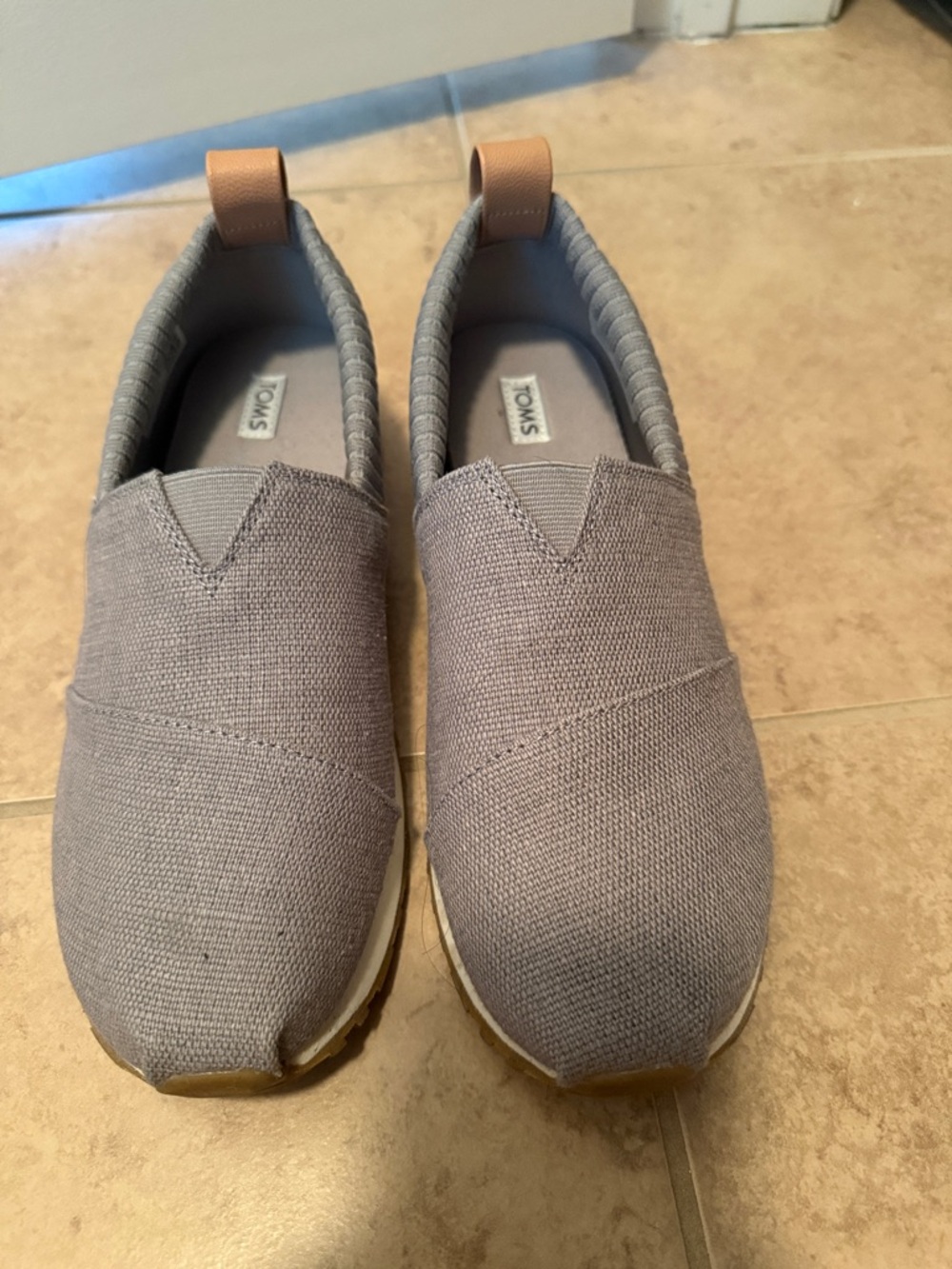 Toms Men's Light Gray Canvas Slip-On Loafers with Tan Pull Tabs